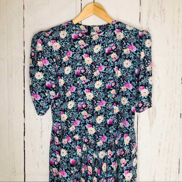 Vintage 80’s Floral Rayon Prairie Dress V Waist - Picture 3 of 7